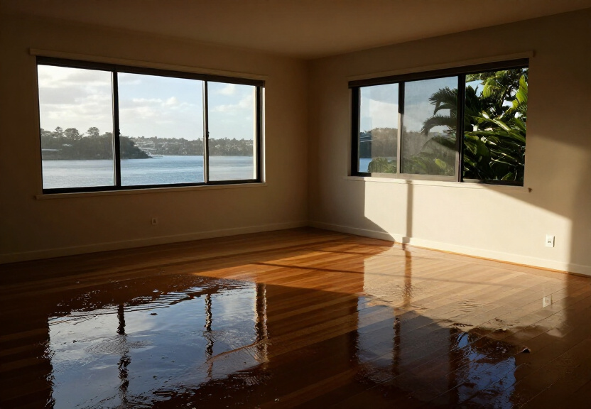 Flood-damaged living room in Denistone East before restoration